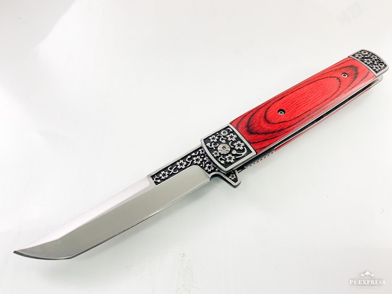 Сгъваем автоматичен джобен нож с дървени чирени и танто острие